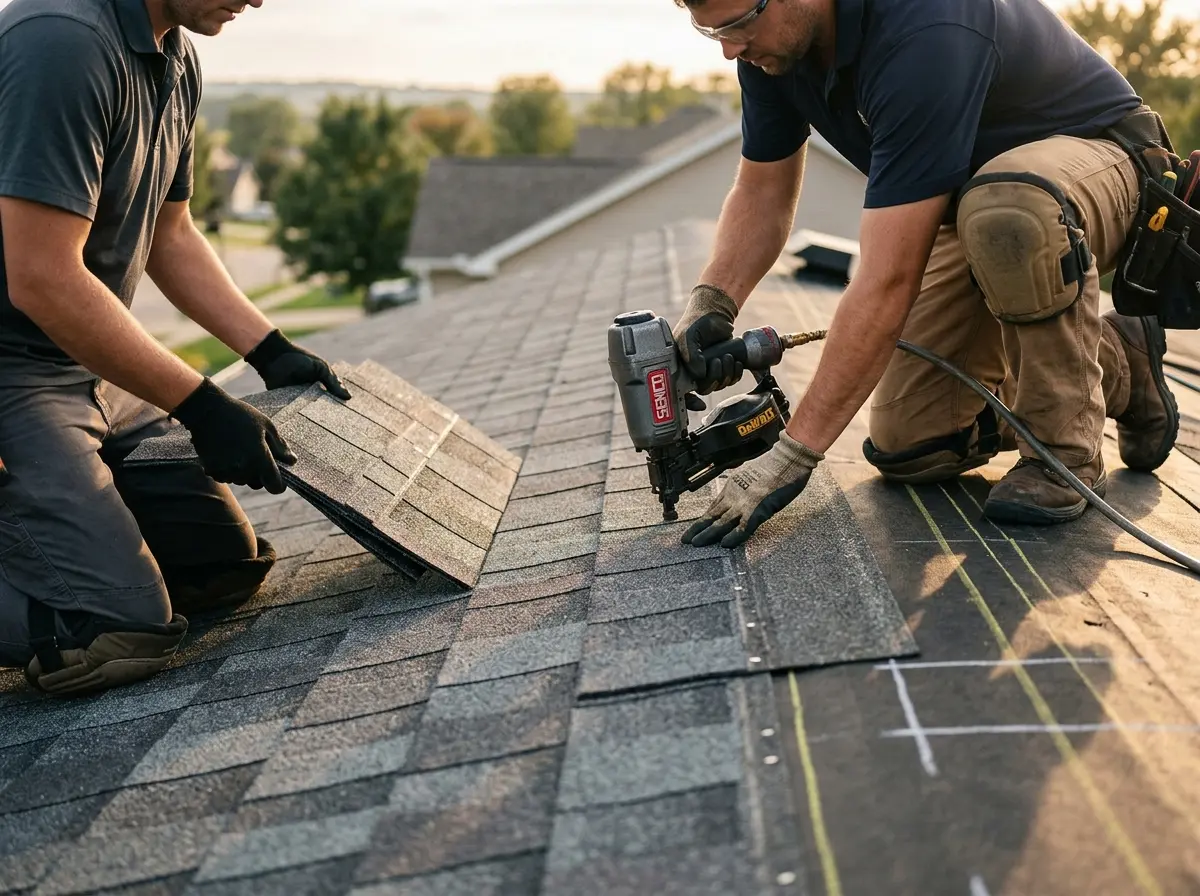 Professional roofer working on a residential roof in Cottonwood Heights